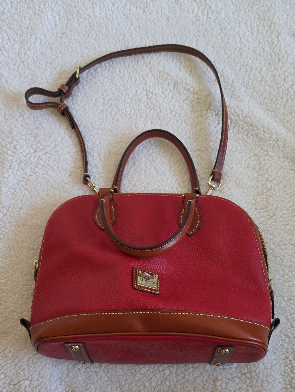 Dooney & Bourke Red Pebbled Leather Satchel with Brown Trim and Gold Hardware